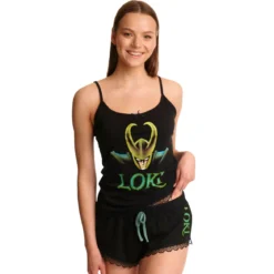 Loki - Logo Pyjama Damen kurz mit Spitze schwarz