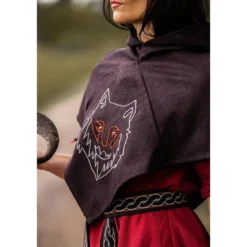 Mittelalter Gugel Tyr mit Wolfsstickerei braun