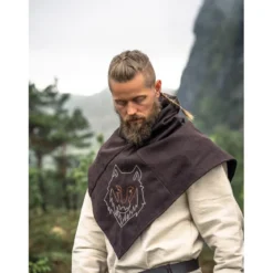 Mittelalter Gugel Tyr mit Wolfsstickerei braun