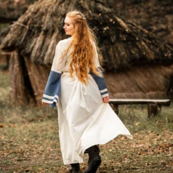 Mittelalter Kleid mit Trompetenärmeln blau-natur