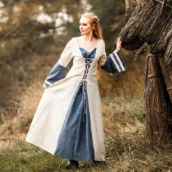 Mittelalter Kleid mit Trompetenärmeln blau-natur