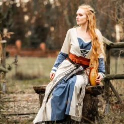 Mittelalter Kleid mit Trompetenärmeln blau-natur