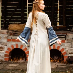 Mittelalter Kleid mit Trompetenärmeln blau-natur