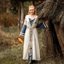 Mittelalter Kleid mit Trompetenärmeln blau-natur