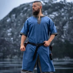 Mittelalter Tunika Kurzarm mit Bordüre blau