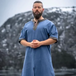 Mittelalter Tunika Kurzarm mit Bordüre blau