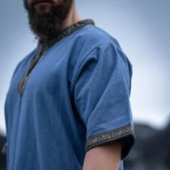 Mittelalter Tunika Kurzarm mit Bordüre blau