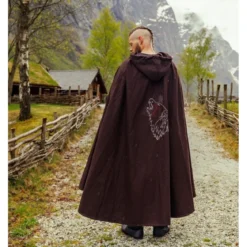 Mittelalter Wikinger Umhang Alpha mit Wolfsstickerei braun