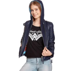 Wonder Woman - Logo Lederjacke mit Kapuze blau